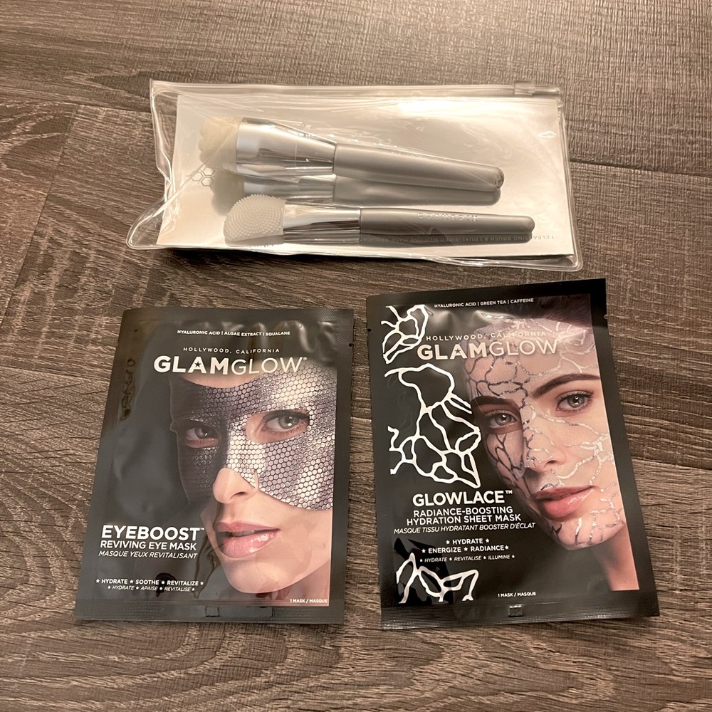 GLAMGLOW Eyeboost eye mask, Glowlace sheet mask, cosmedix mask brushes bundle